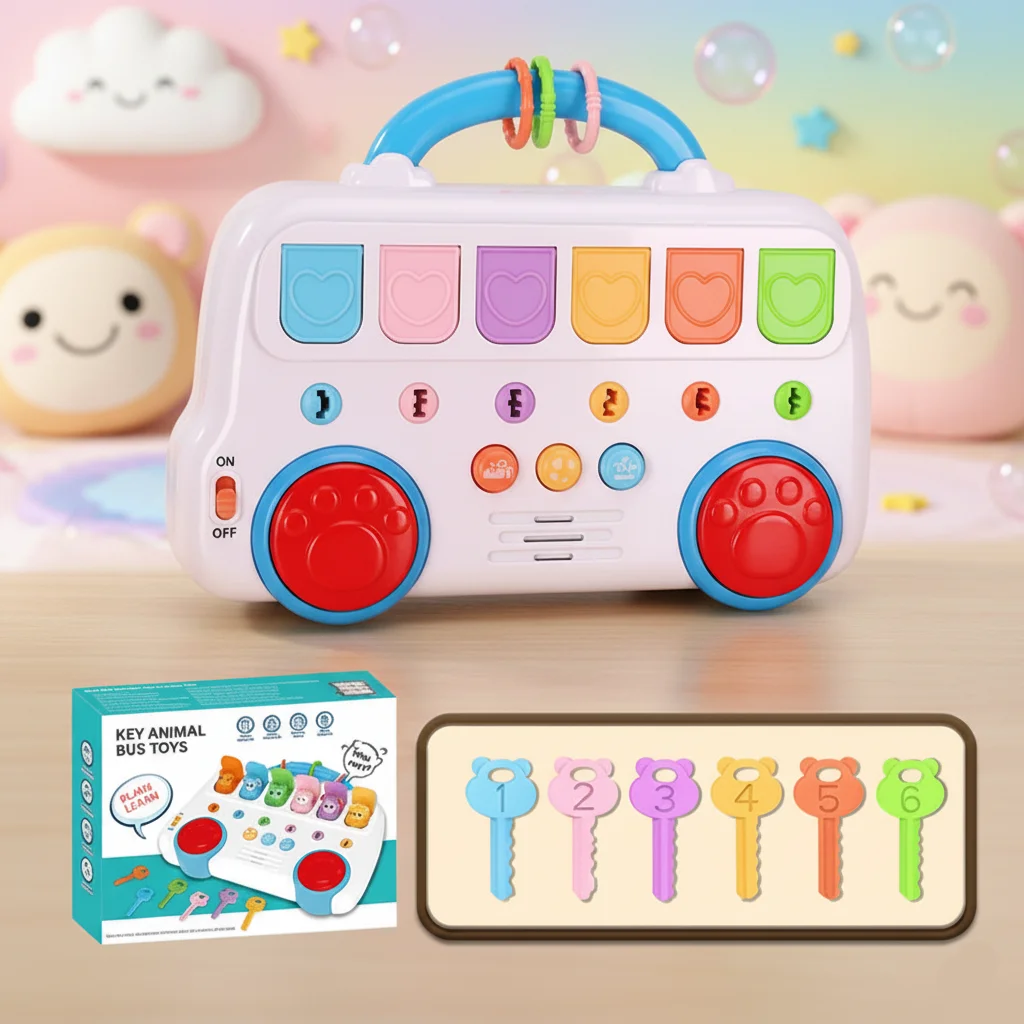 (vermelho) Brinquedo Montessori Para Educação Infantil, Ônibus Pop-up Com Tema De Animais Para Encaixe De Chaves