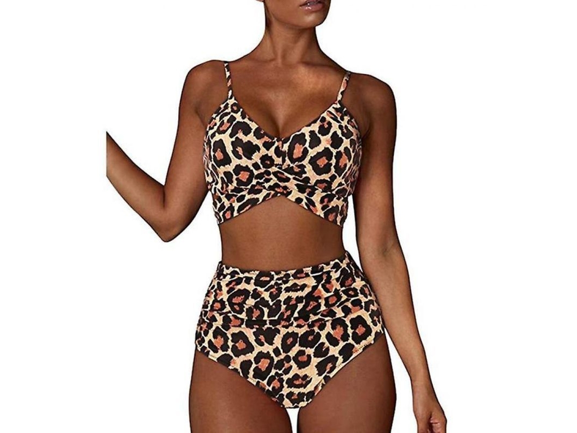 Biquíni feminino de duas peças com estampa de leopardo, cintura alta e top sensual, tamanho P