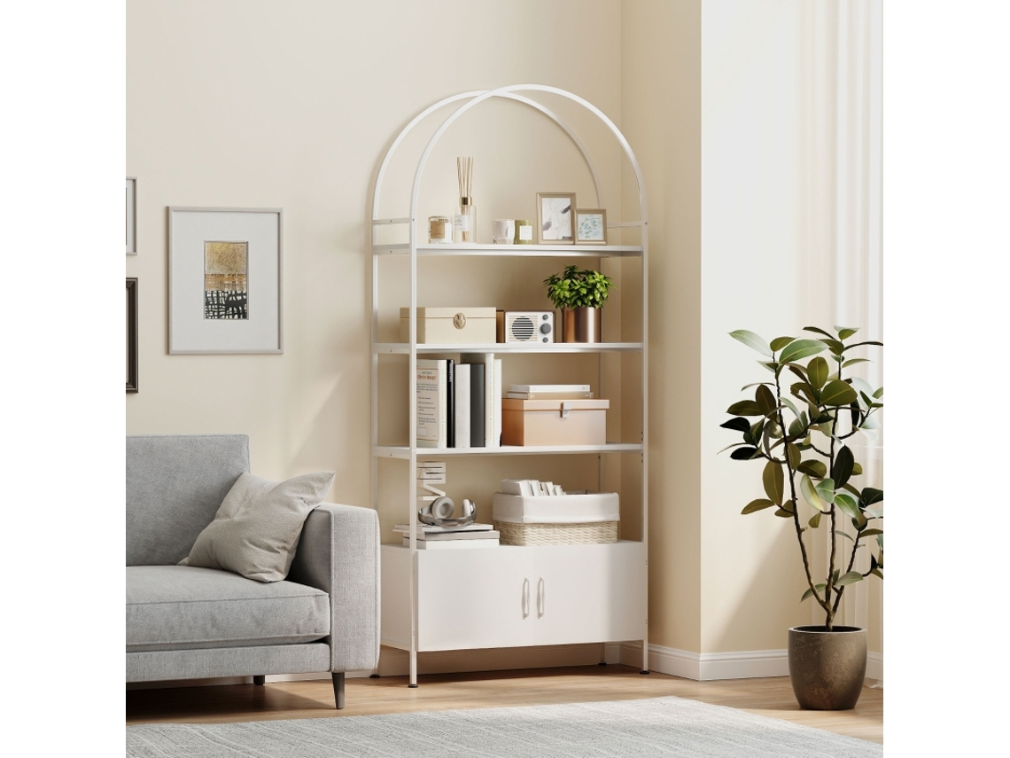 Estante De Arrumação Curva Com 4 Níveis E Armário De Duas Portas, 80x30x187 Cm, Branco.
