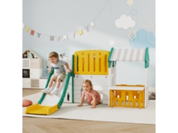 Escorrega Infantil 7 De Basquetebol Túnel Quadro Telescópio Casinha Crianças Em 1 Aro Verde Amarelo 189x180x111 Cm