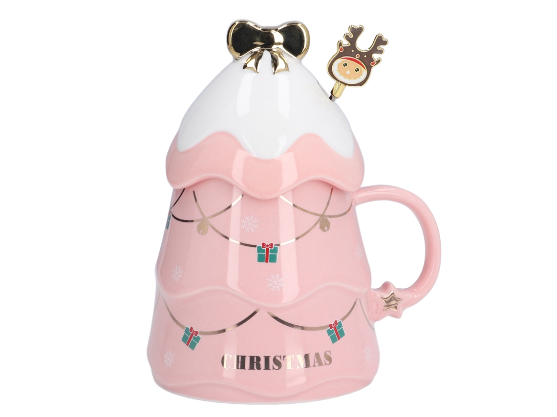 Copo Cerâmica Natal 500ml com Tampa e Colher Rosa