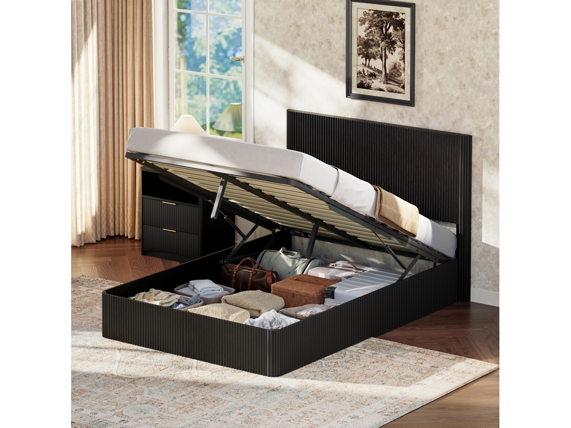 Cama com Ripas Hidráulicas Caneladas em Madeira Preta 140x200