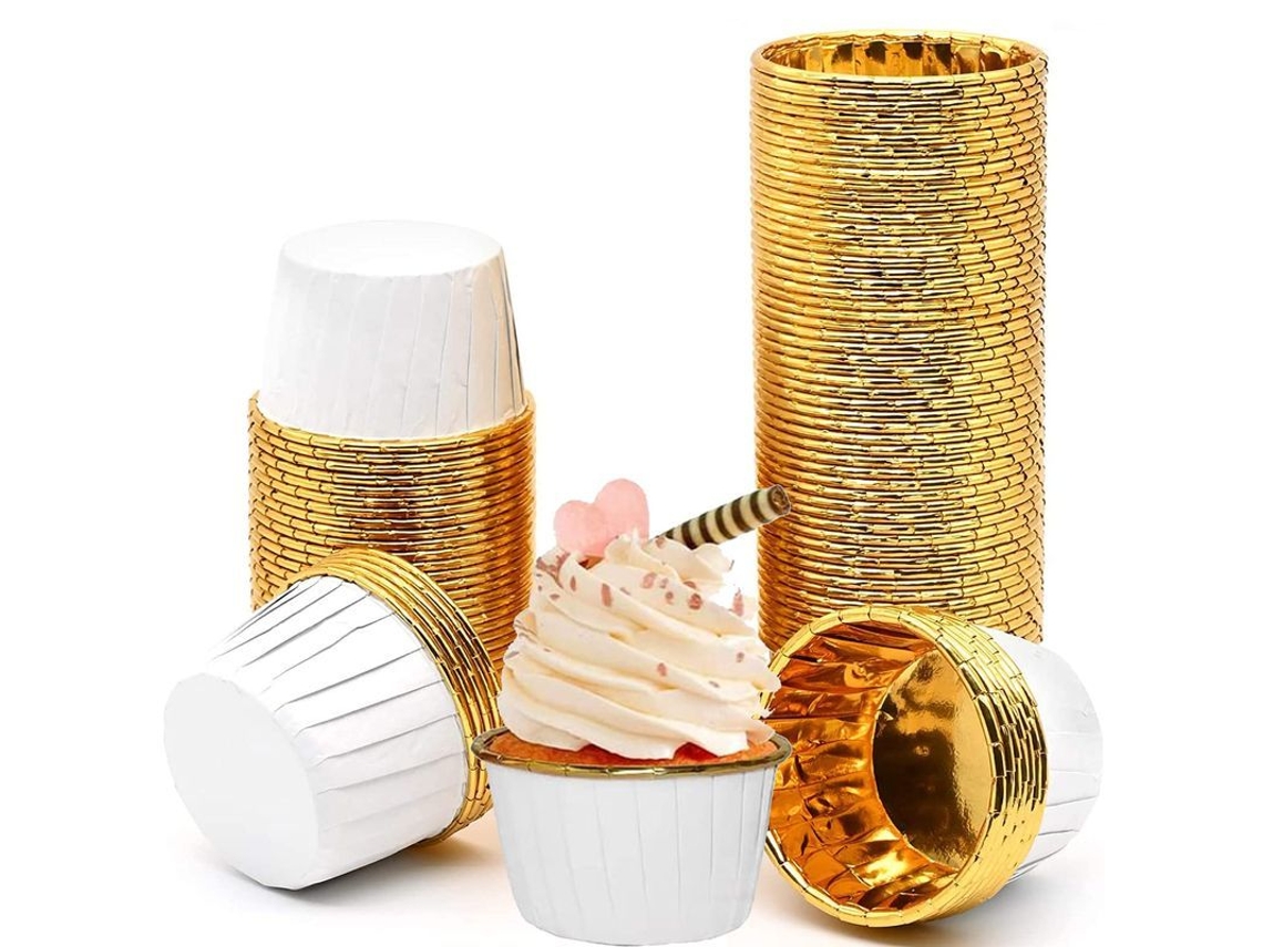 2026 50 Copos de Muffin Desechables de Papel Antiadherente Blanco/oro para Cupcakes