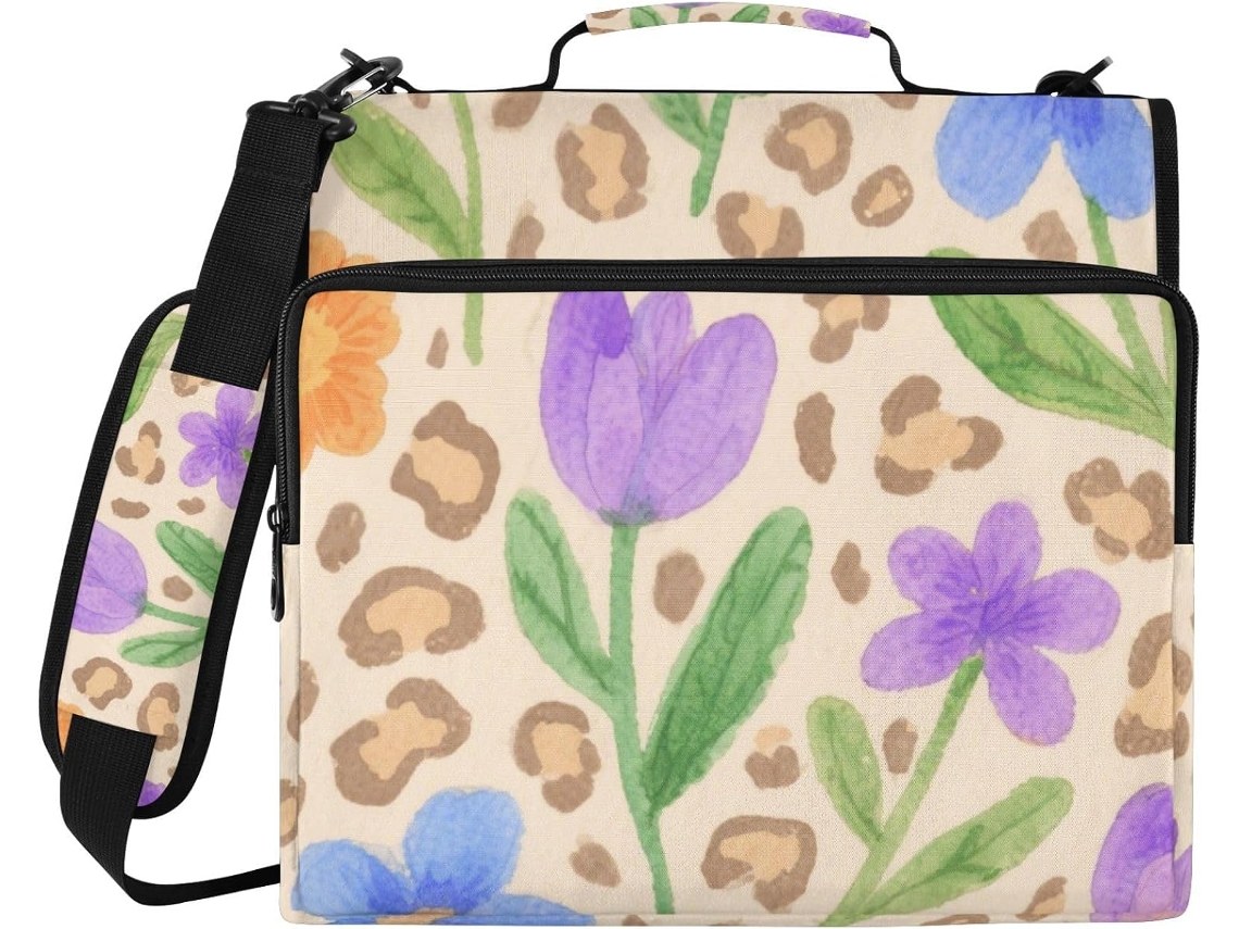 Pasta De 3 Argolas 1, 5 Polegadas Com Estampa De Leopardo Marrom, Bolsos Extras, Alça De Ombro E Mão, Inclui Bolso Com