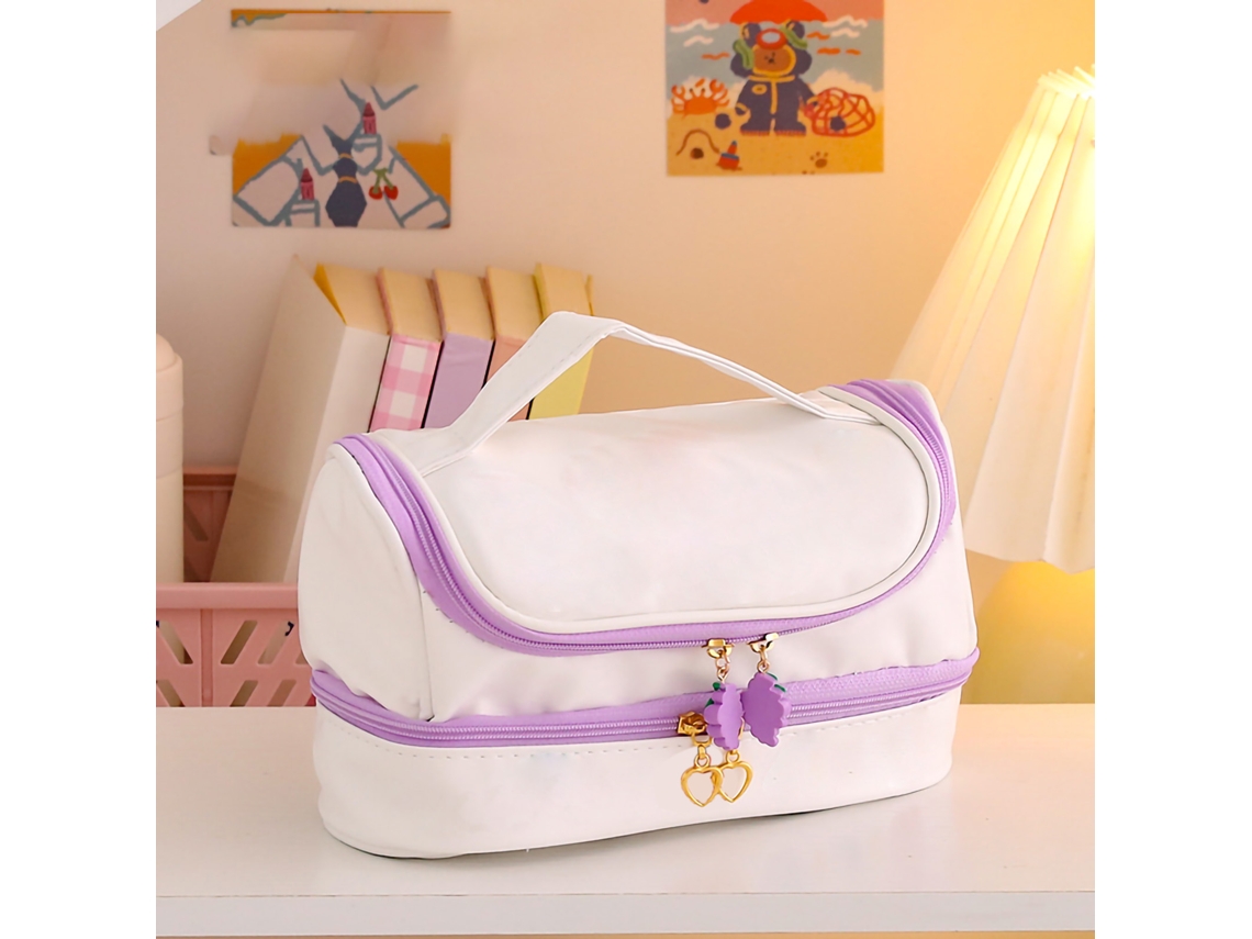 Estuche De Lápices Cute Cartoon Pu Impermeable 2 Capas Con Cremallera Doble De Fresa Morado