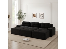 Sofás Canto Veludo Cama 3 Pufes 3 Assentos Preto