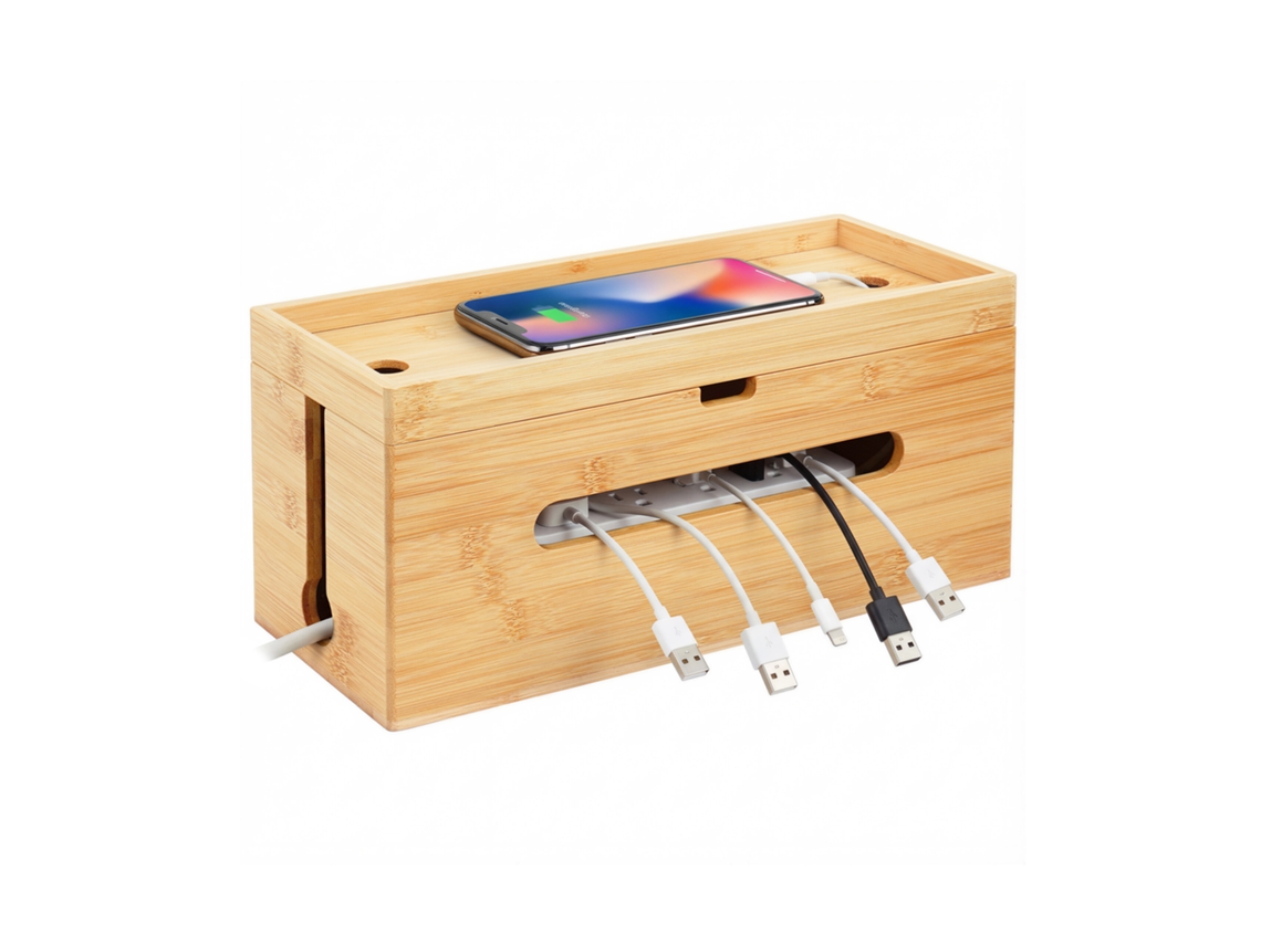 Relaxdays Caixa Para Cabos Em Bambu, 16×34×13,5 Cm, Para Régua 6 Tomadas, Com Tampa E Abraçadeiras, Natural