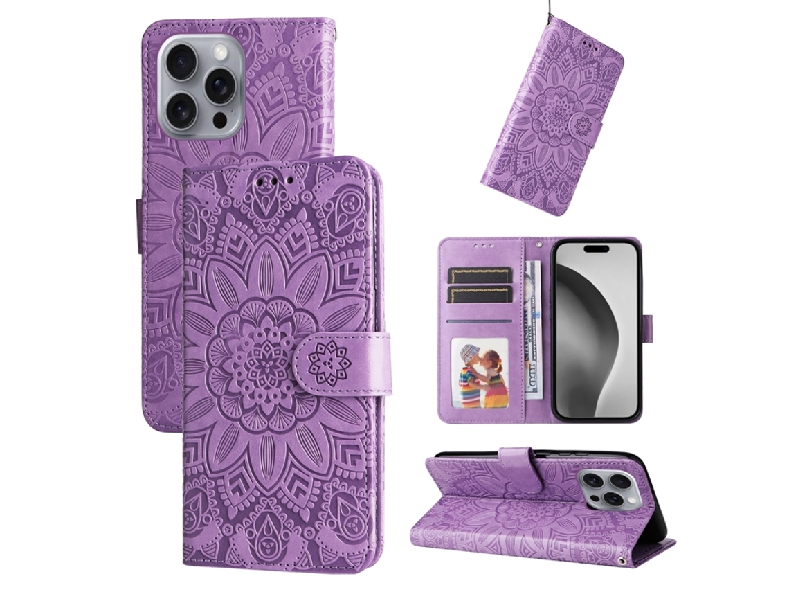 Capa De Couro Para Iphone 16 Pro Max - Estampa De Girassol Em Relevo