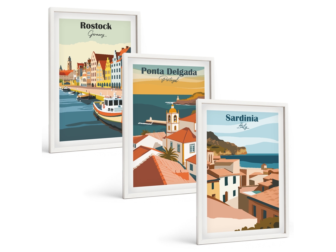 Conjunto De Pinturas Vistas De Cidades Costeiras Da Europa Espelharte (3 Peças 40x60 Cm)