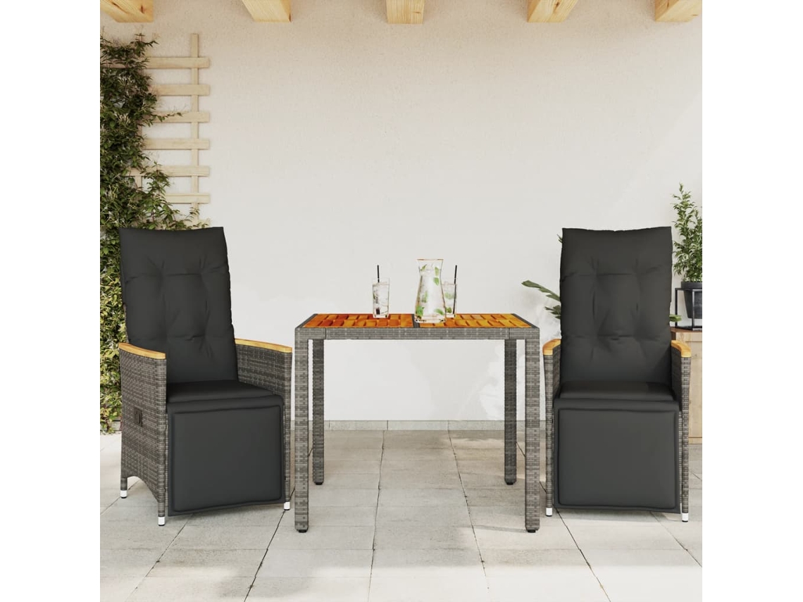 Vidaxl 3 Pcs Conjunto Bistrô De Jardim C/ Almofadões Vime Pe Cinza
