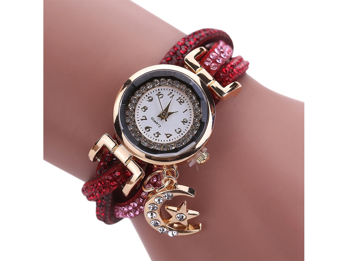 Relógio Pulseira Feminino de Quartzo com Strass e Pingente Lua Estrela Vermelho