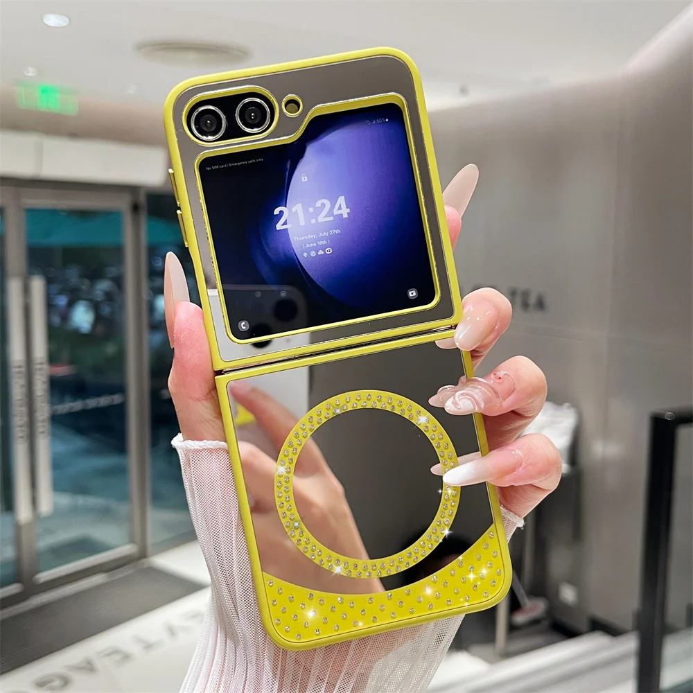Capa Magnética Magsafe Com Diamantes Brilhantes E Espelho De Maquiagem (galaxy Zflip 6 Amarelo).