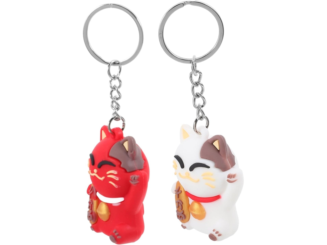 Conjunto De 2 Chaveiros De Gato Da Sorte E 2 Estatuetas Japonesas De Maneki Neko.