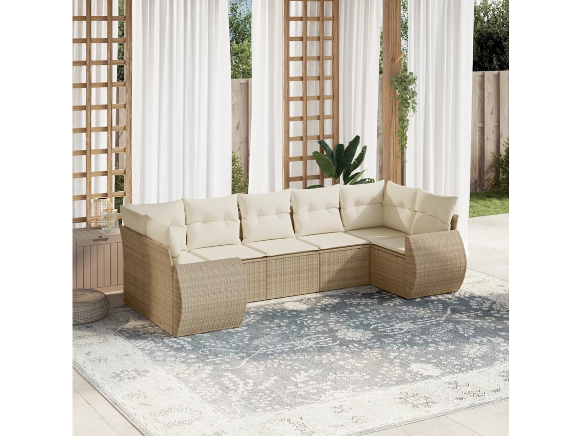 Vidaxl 7 Pcs Conjunto De Sofás P/ Jardim Com Almofadões Vime Pe Bege