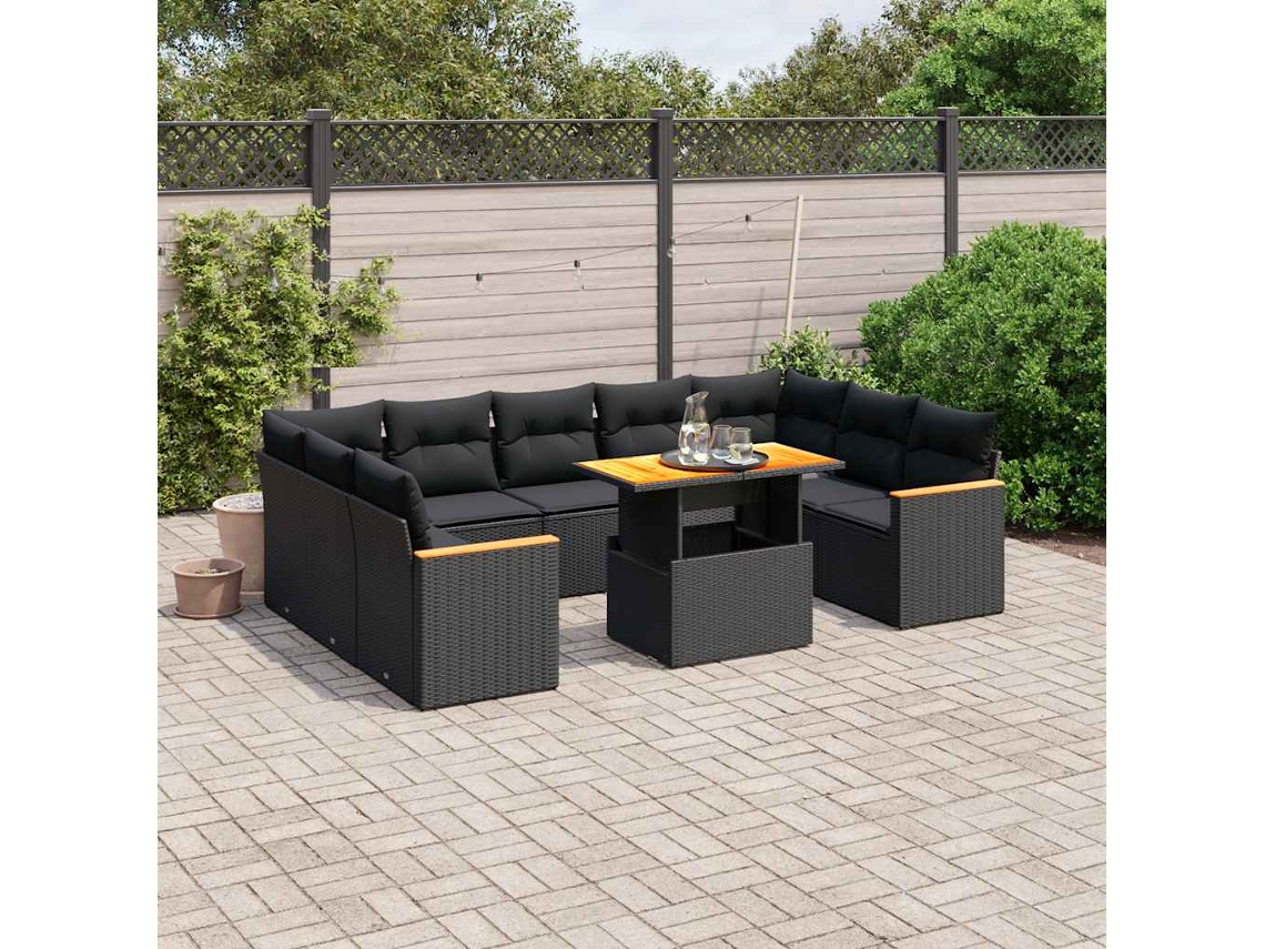 Vidaxl 11 Pcs Conjunto Sofás de Jardim C/ Almofadões Vime Pe Preto