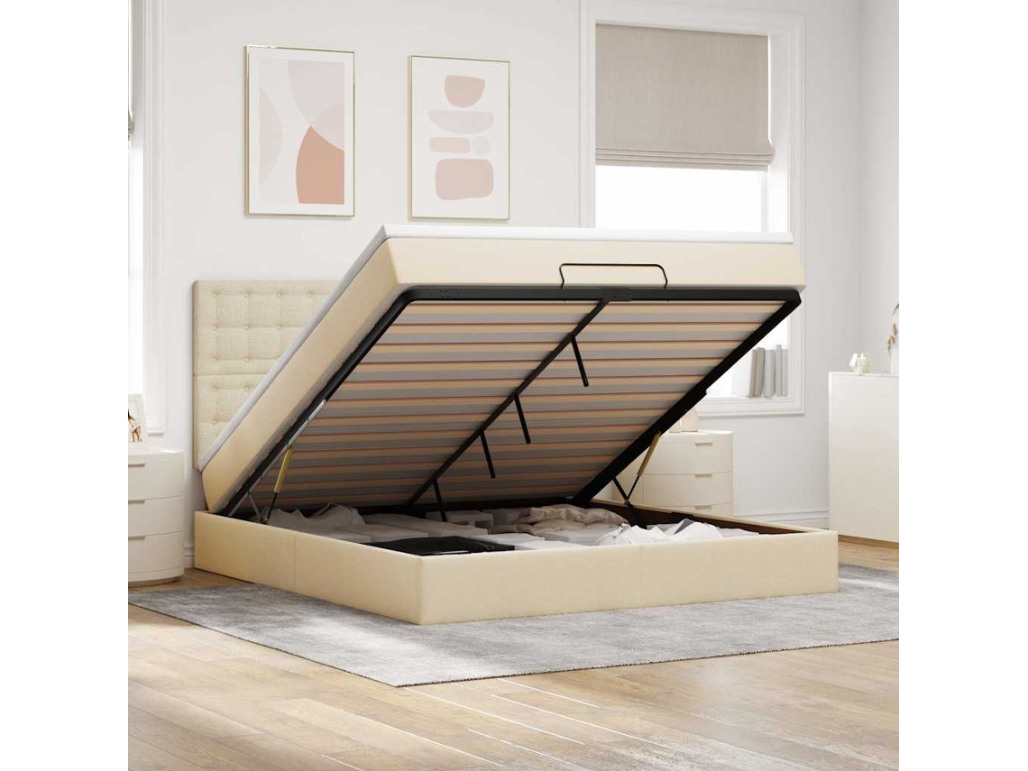 Vidaxl Estrutura De Cama Otomana Com Colchão Tecido Creme 160x200cm
