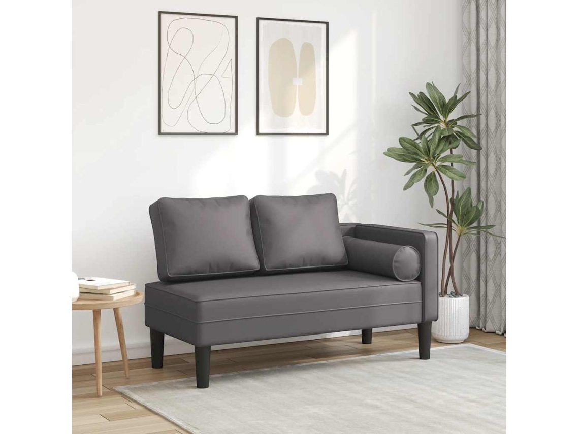 Vidaxl Chaise Longue Com Almofadões Couro Artificial Cinzento