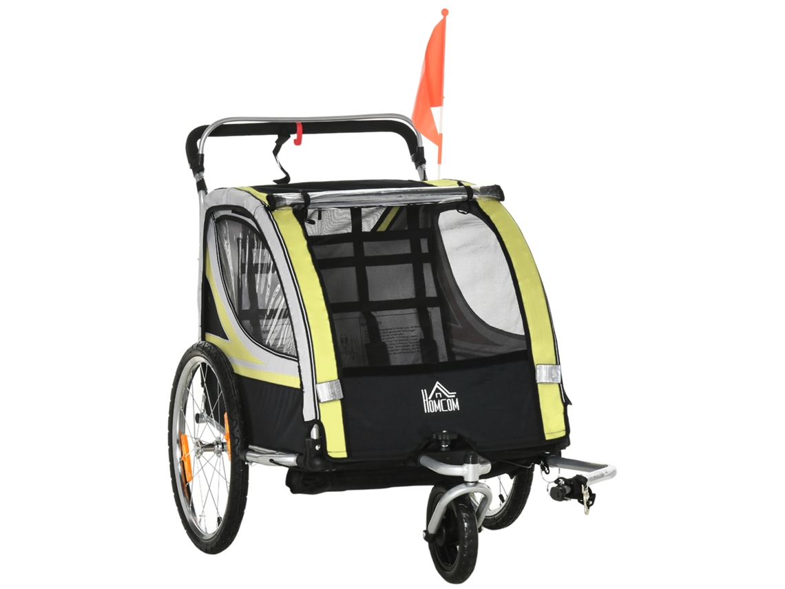 Trailer de Bicicleta 2 em 1 para 2 Crianças, Função Deslizante, Capa Contra Chuva, Freio, Amarelo Ge