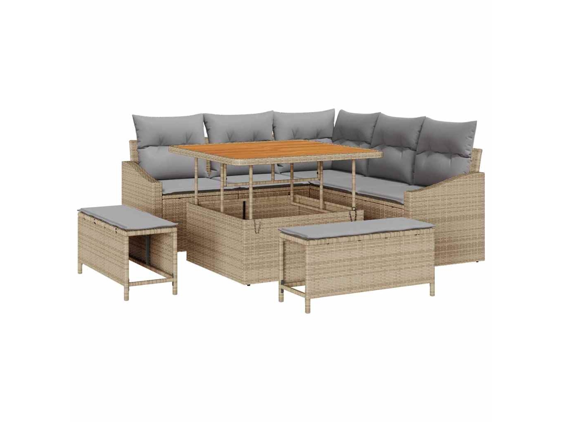 Conjunto de sofá de jardim com almofada, 8 peças, bege, vime, pe, MAISON EXCLUSIVE