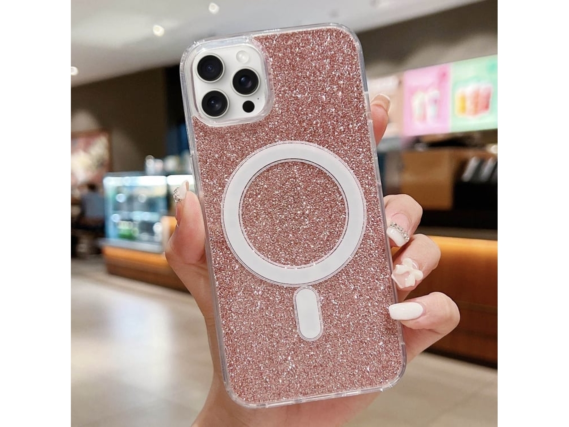 Capa Transparente Com Glitter Para Iphone 14 Pro - Acrílico - Magsafe - Rosa