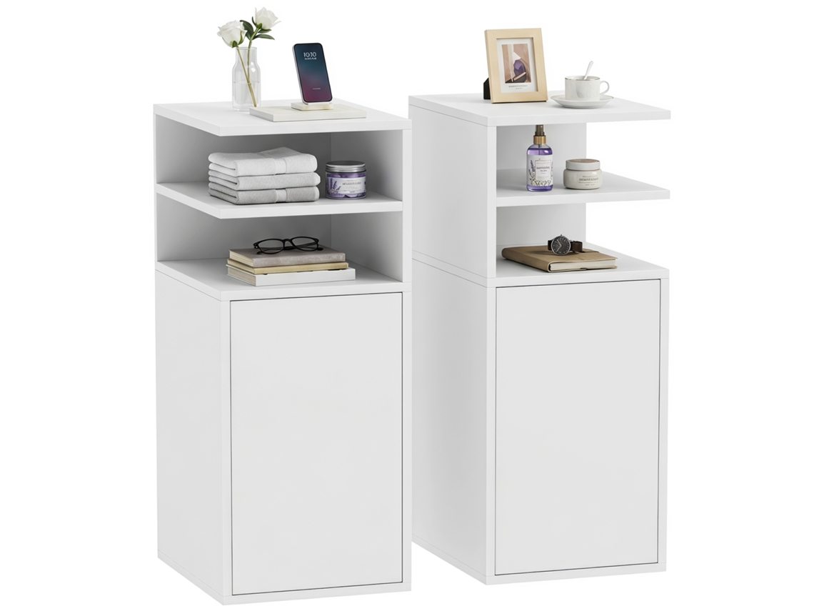 Conjunto De 2 Mesas De Cabeceira Com Armário E Compartimentos Abertos,25x30x60cm,branco