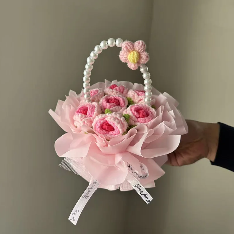 Cesta de Flores de Crochê para Decoração, Buquê Artificial Tricotado, Presente para o Dia Dos Namorados MDUG