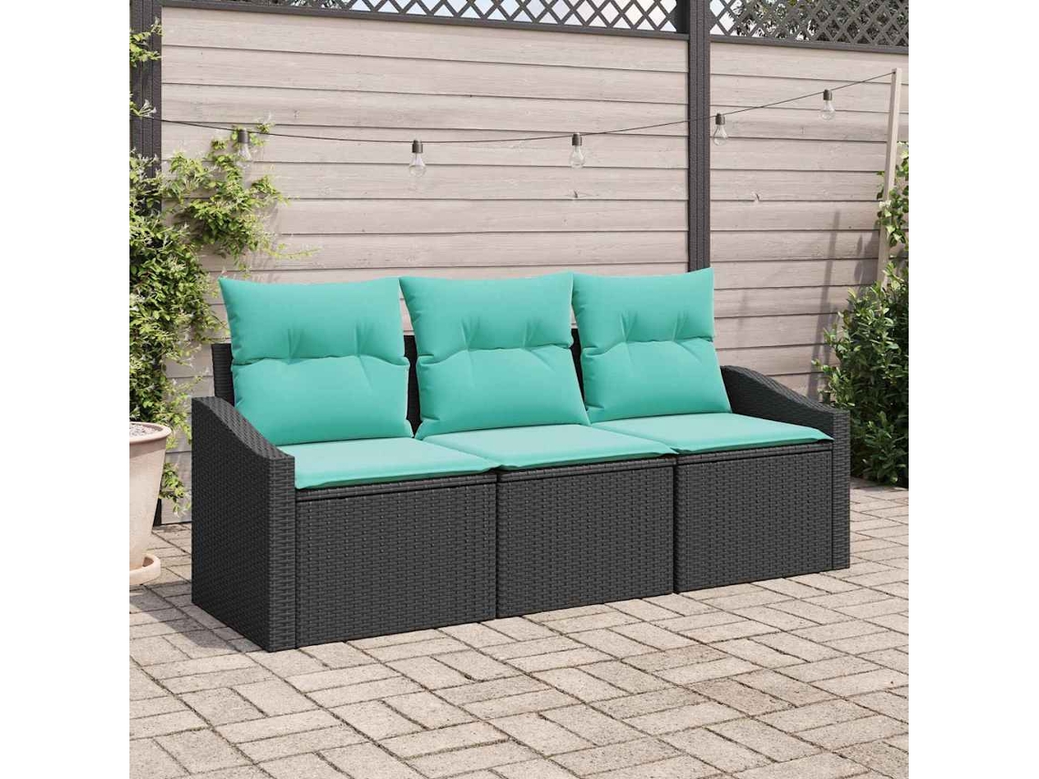 Vidaxl Conjunto De Sofás Com Almofada 3 Pcs Preto Vime Pe