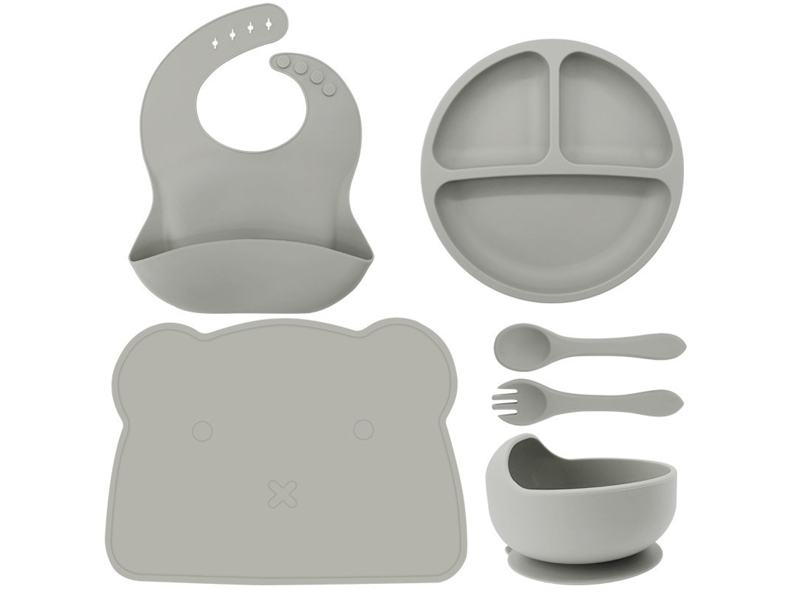 Prato De Bebê 6 Em 1, Talheres Infantis De Silicone Com Jogos Americanos  (cinza)