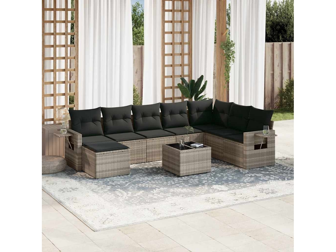 Vidaxl 9 Pcs Conj. Sofás Jardim Com Almofadões Vime Pe Cinzento-claro