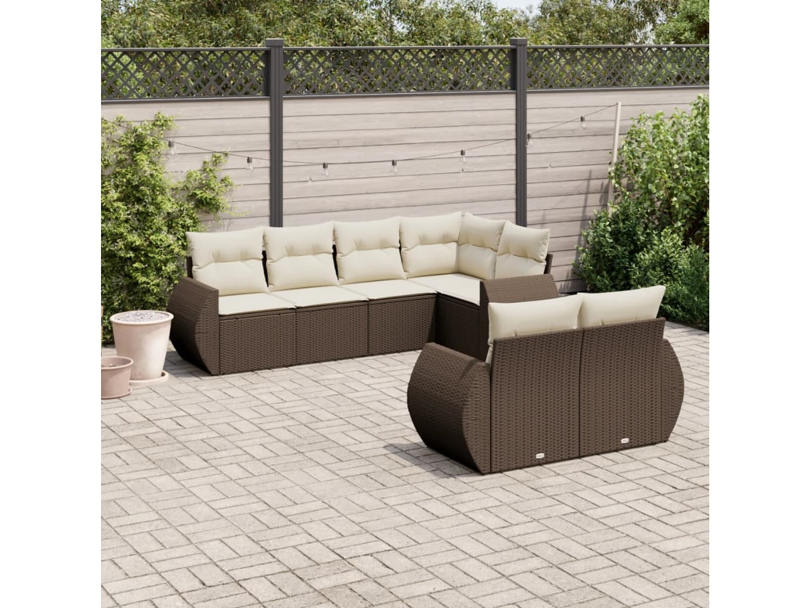 Vidaxl 7 Pcs Conjunto De Sofás Jardim C/ Almofadões Vime Pe Castanho