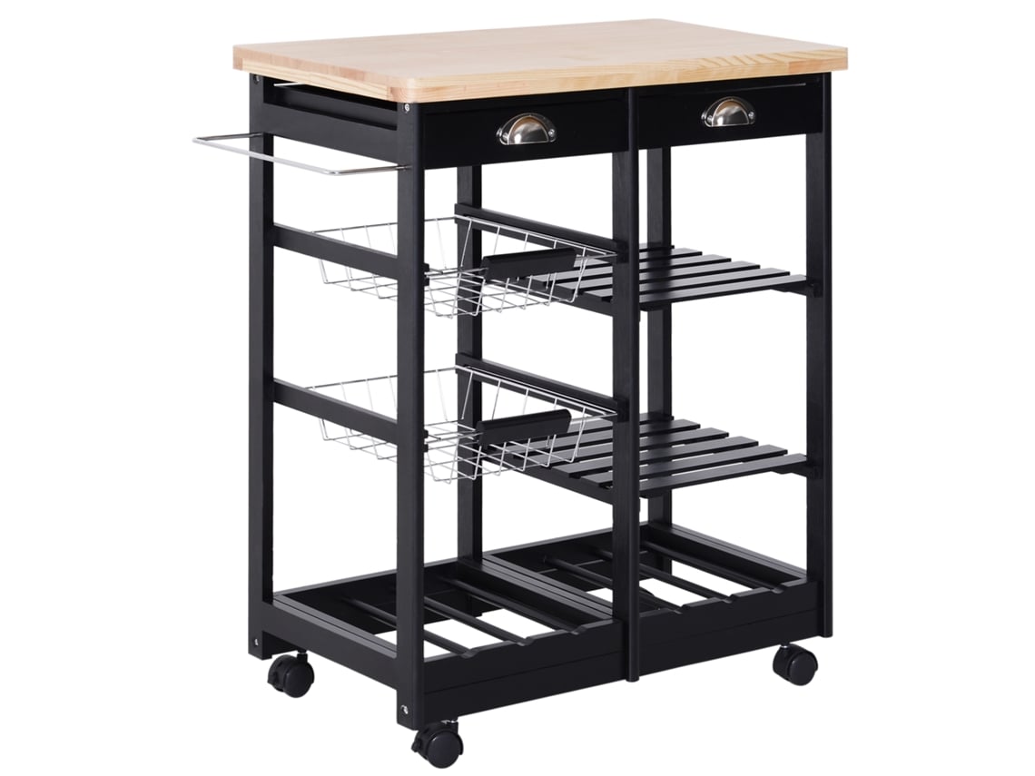 Carrinho de Cozinha Mdf, Pine Wood Cor Preto 74x37x76 cm Homcom