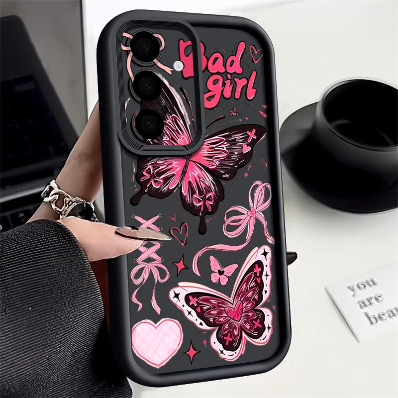 Capa Para Celular Galaxy A55 (preta) Com Estampa De Borboleta Rosa, Capa Macia De Tpu