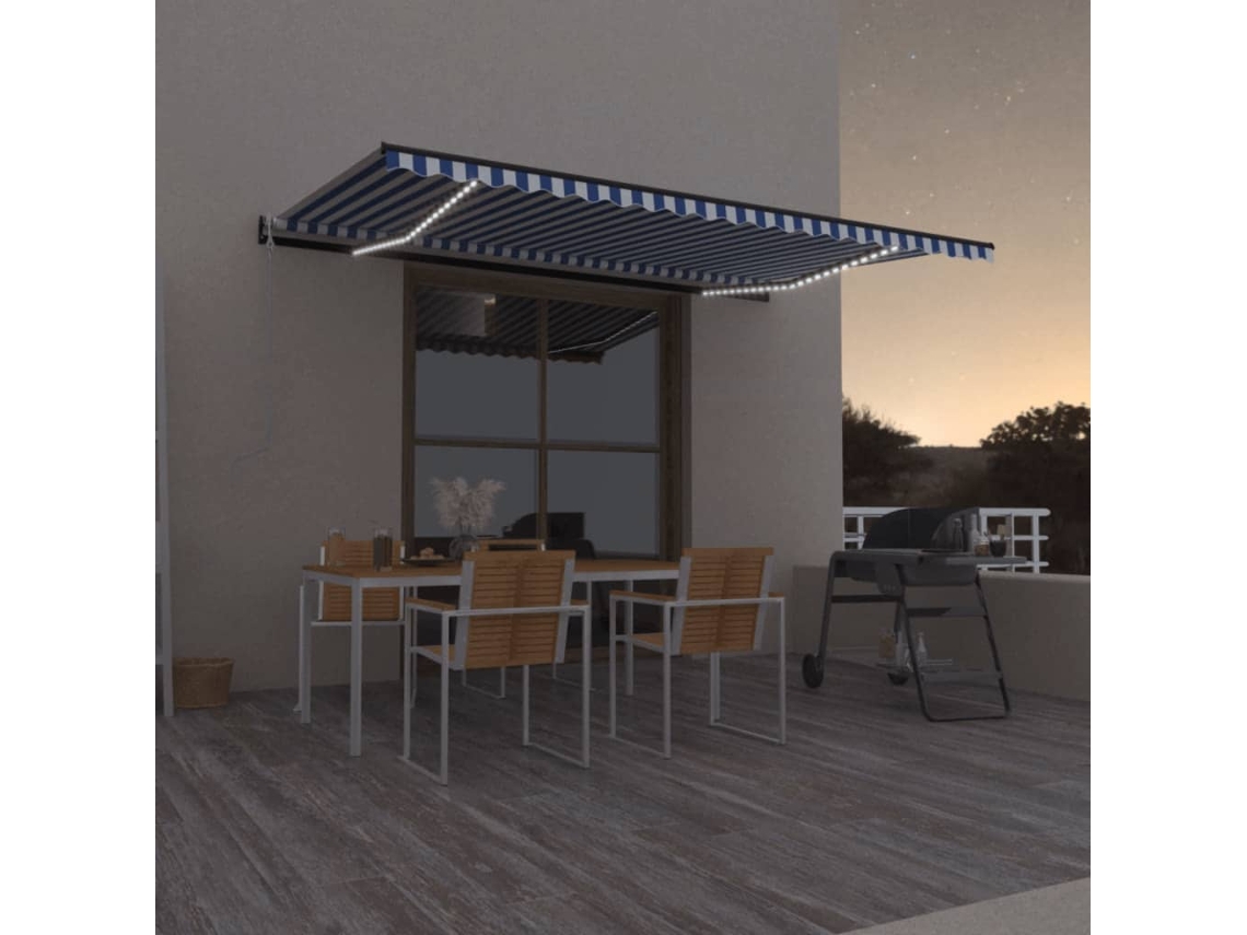 Vidaxl Toldo Automático Led E Sensor De Vento 500x300 Cm Azul E Branco