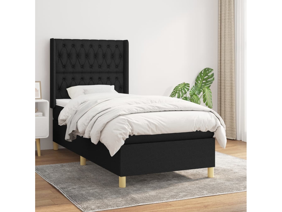 Cama Com Molas/colchão 90x200 Cm Tecido Preto