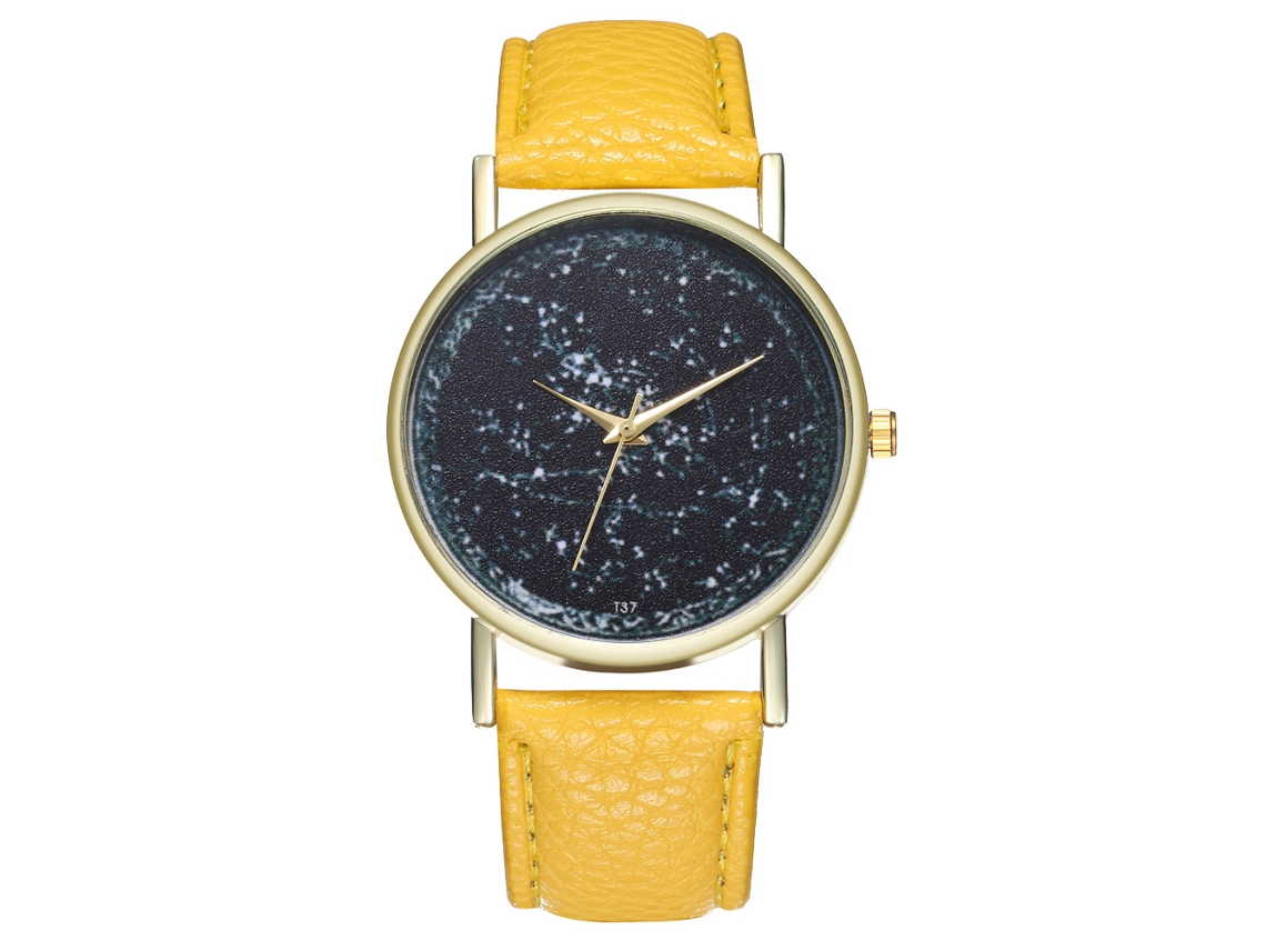 Relógio de quartzo unissex com pulseira de couro PU e mostrador amarelo moderno com estampa do universo.
