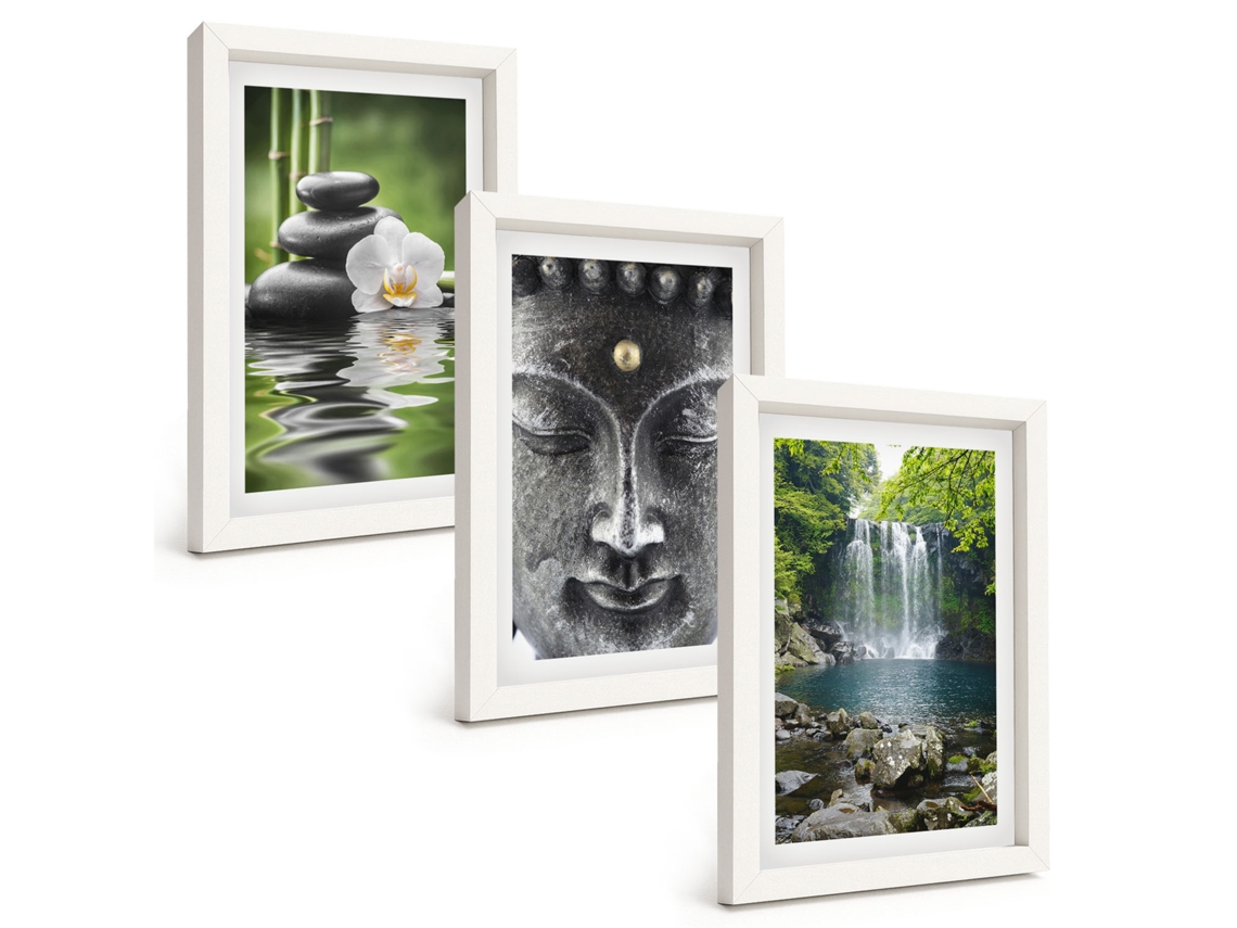 Pinturas Murais Modernas Harmonia, Pedras, Água, Buda Moldura Branca Fotos Para O Escritório Espelharte (3 Peças 20x30 Cm)