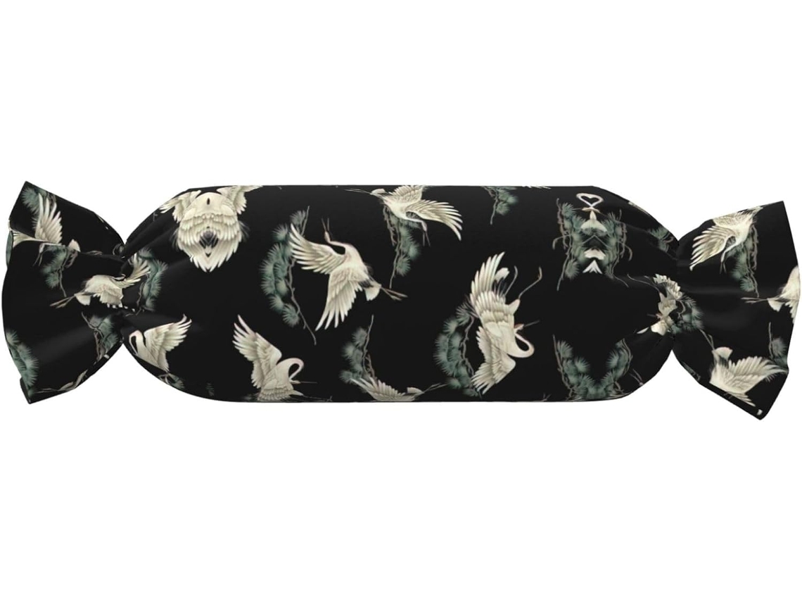 Almofada Cilíndrica Formato de Doce com Estampa Garça Japonesa e Pinheiro 100 % Poliéster Suporte Ergonômico