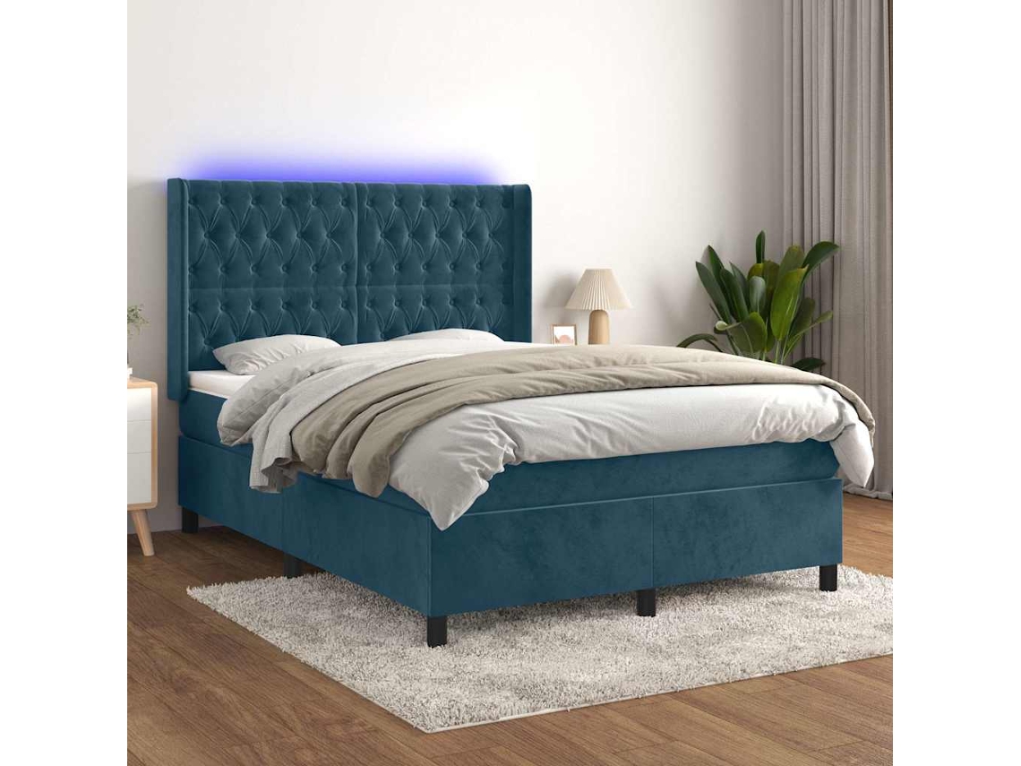 Vidaxl Cama Box Spring C/ Colchão/led 140x190 Cm Veludo Azul-escuro