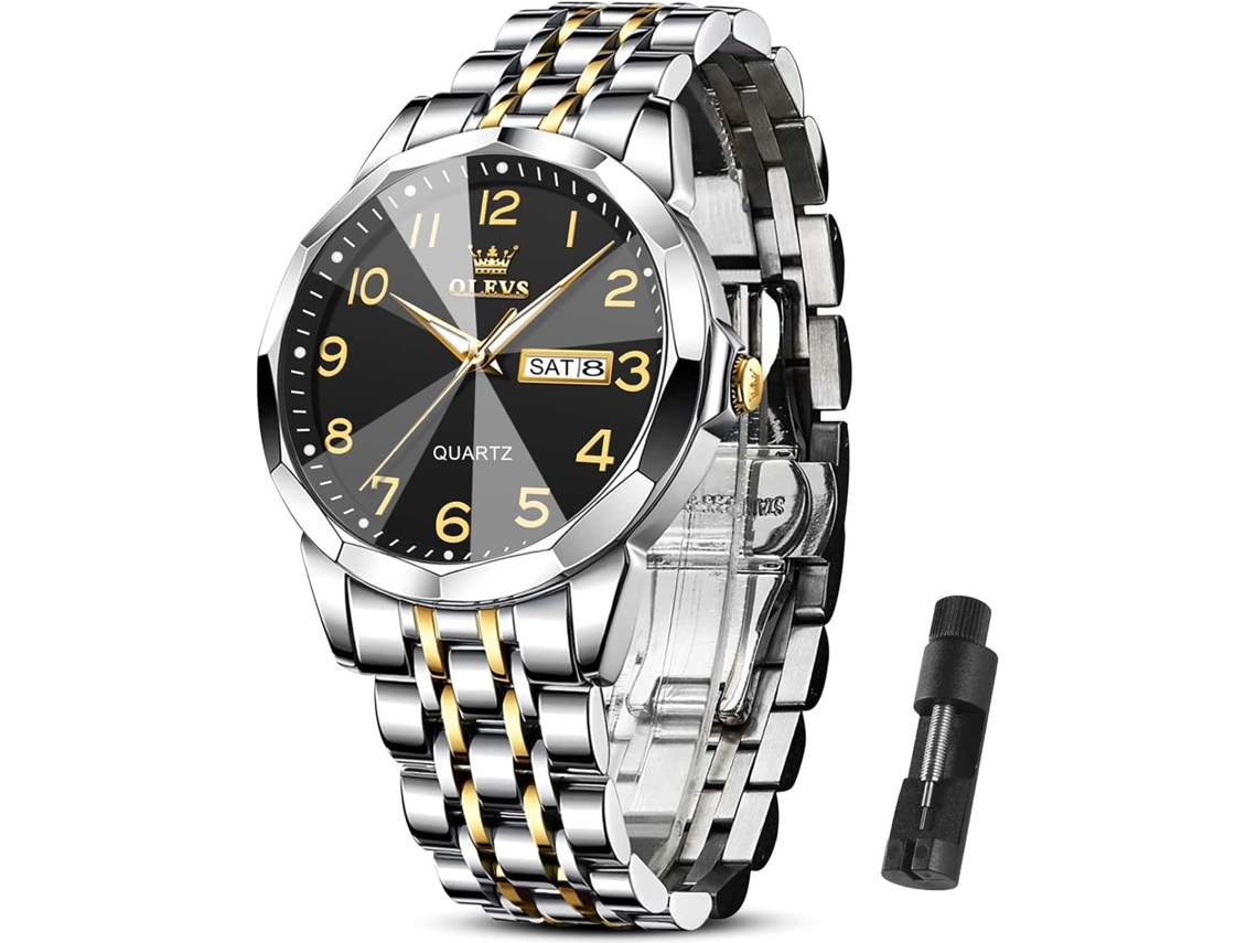 Lurelia Relógio Masculino, Movimento De Quartzo, Data/calendário, Detalhes Com Strass, Aço Inoxidável, Preto
