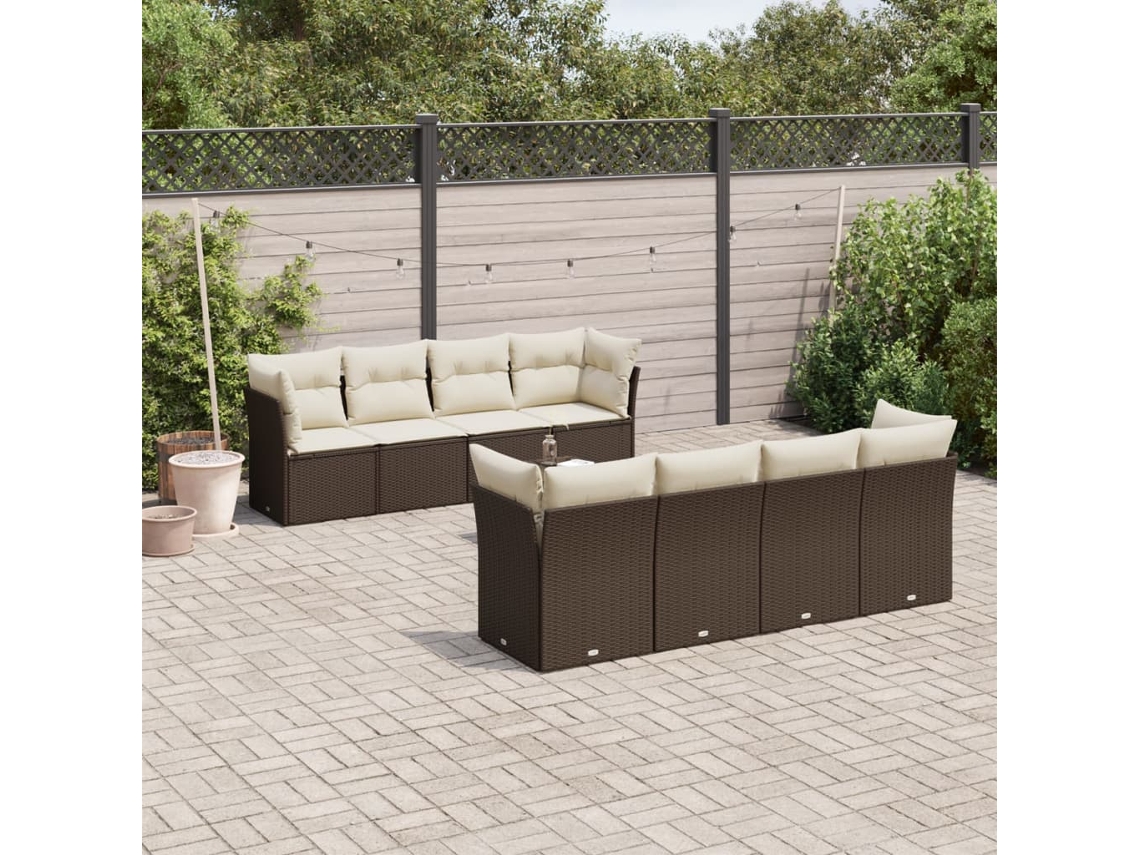 Vidaxl 9 Pcs Conjunto Sofás P/ Jardim C/ Almofadões Vime Pe Castanho