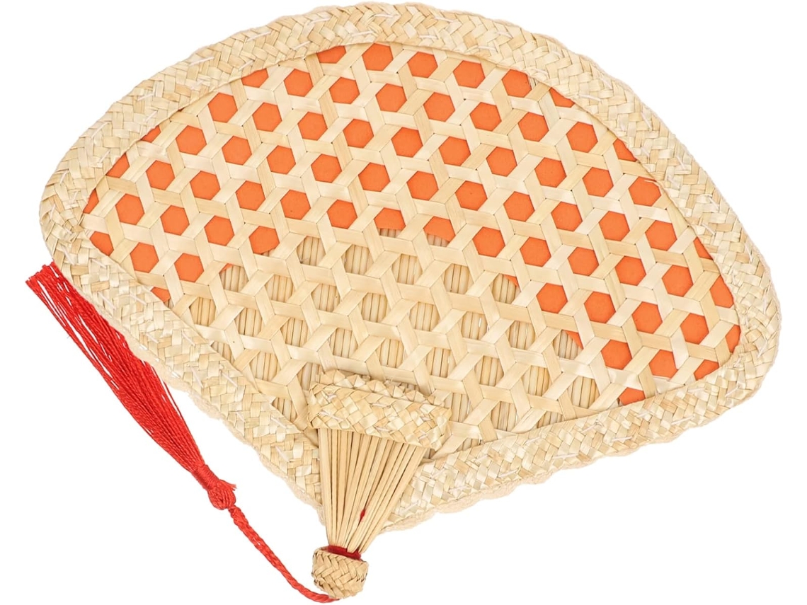 Leque Redondo Palha Trigo Trançada Dobrável Vermelho Portátil Verão Decoração Tradicional Chinesa Refrescante GOKOCO