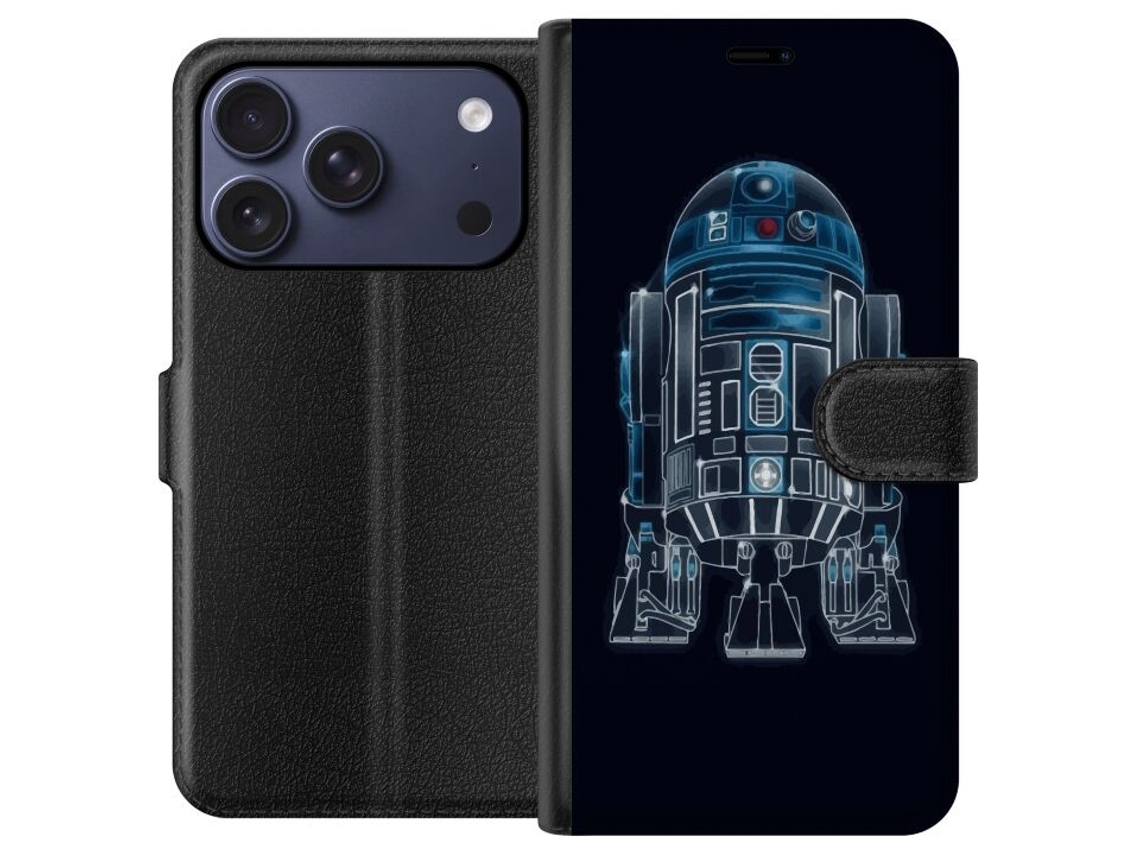 Capa Carteira Compatível Com Apple Iphone 17 Pro. Robô Detalhado Em Arte Linear Azul Brilhante Sobre Fundo Escuro, Tema Tecnológico E Moderno.