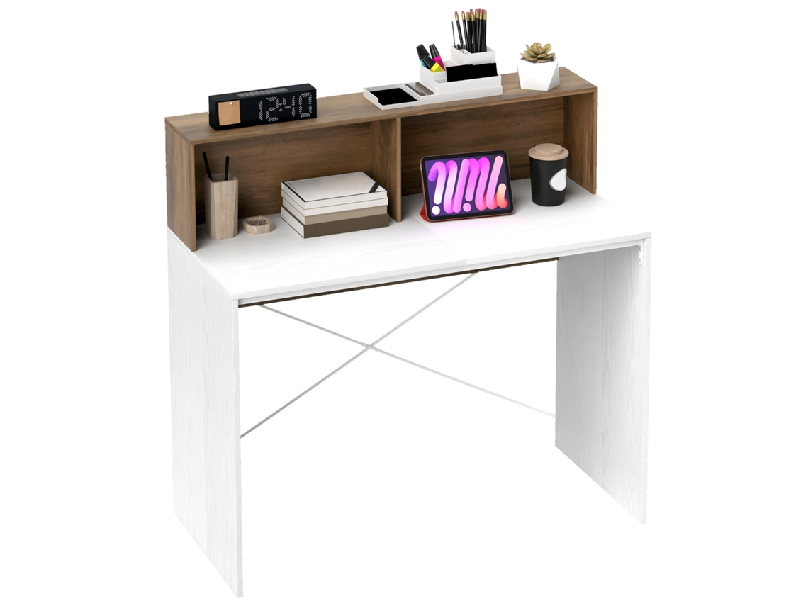 Mesa De Computador Moderna Com Tampo Elevado E 2 Prateleiras, Em Aglomerado, 110x50x102,6 Cm, Branca, Marrom E Nogueira.