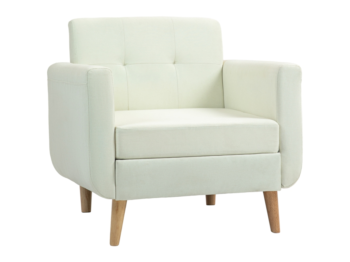 Poltrona Moderna para Sala de Estar, Apoio de Braços e Pés de Madeira, Carga Máxima 125 kg, 78x70x75 cm, Cor Creme