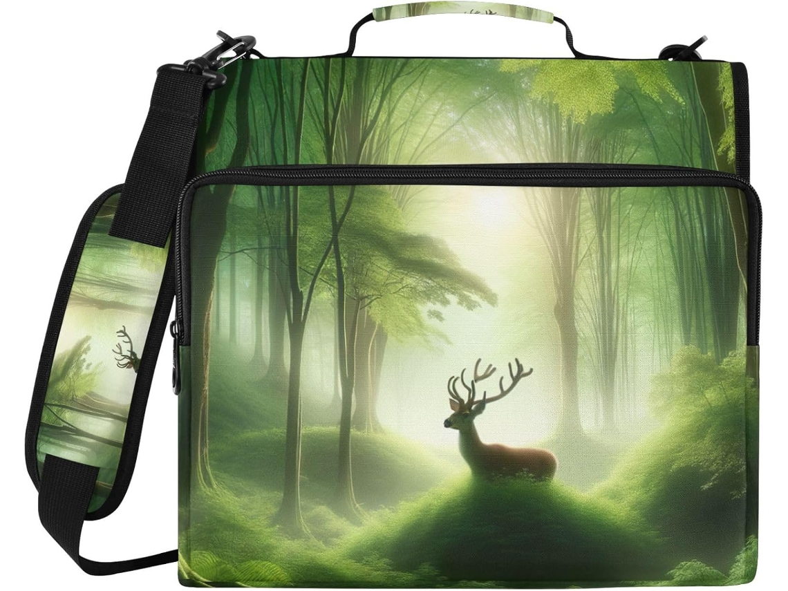 Pasta Organizadora Three Argolas Deer Foest Green Com Compartimento para Laptop, Feita À Prova D Água Com Zíper