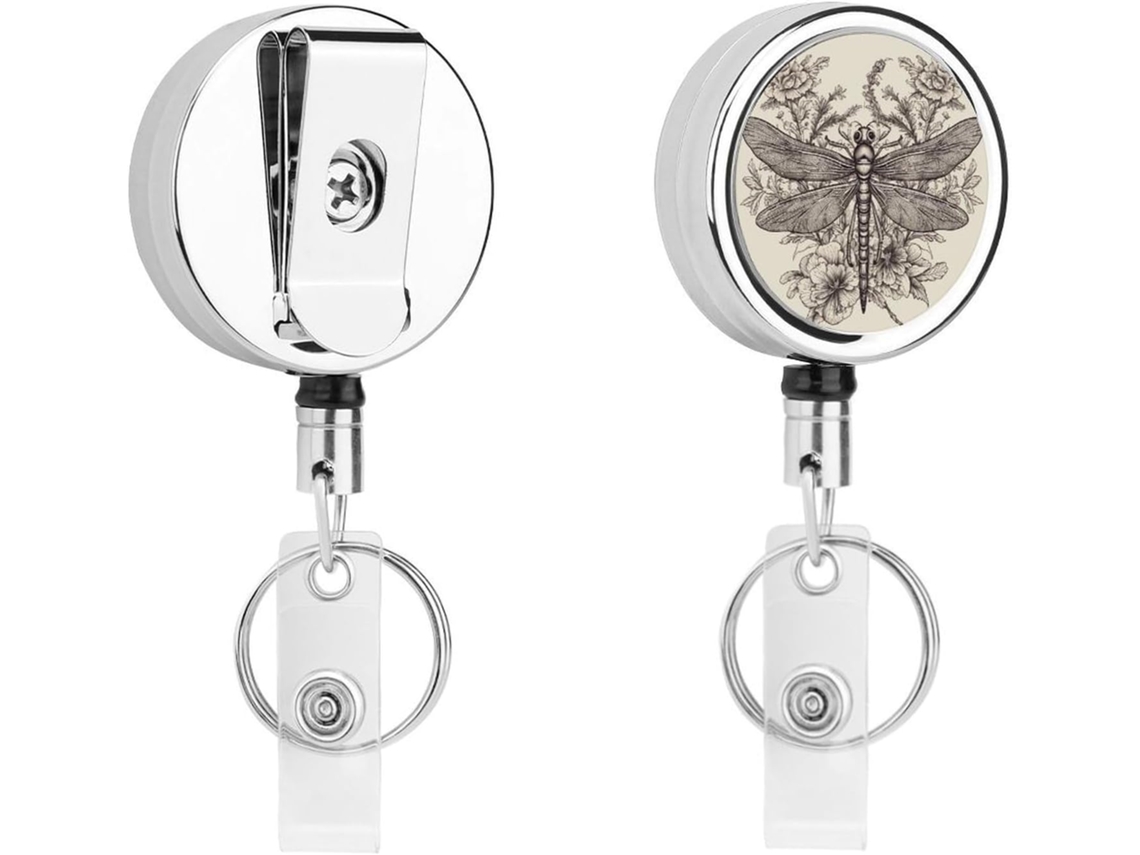 Porta Crachá Retrátil Com Desenho Floral De Libélula Feito À Mão, Moderno E Durável, Em Metal, Com Cordão De Nylon De