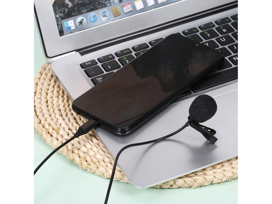 Microfone Lavalier Type C Condensador Omnidirecional Com Som Superb, Preto Luz Dourada