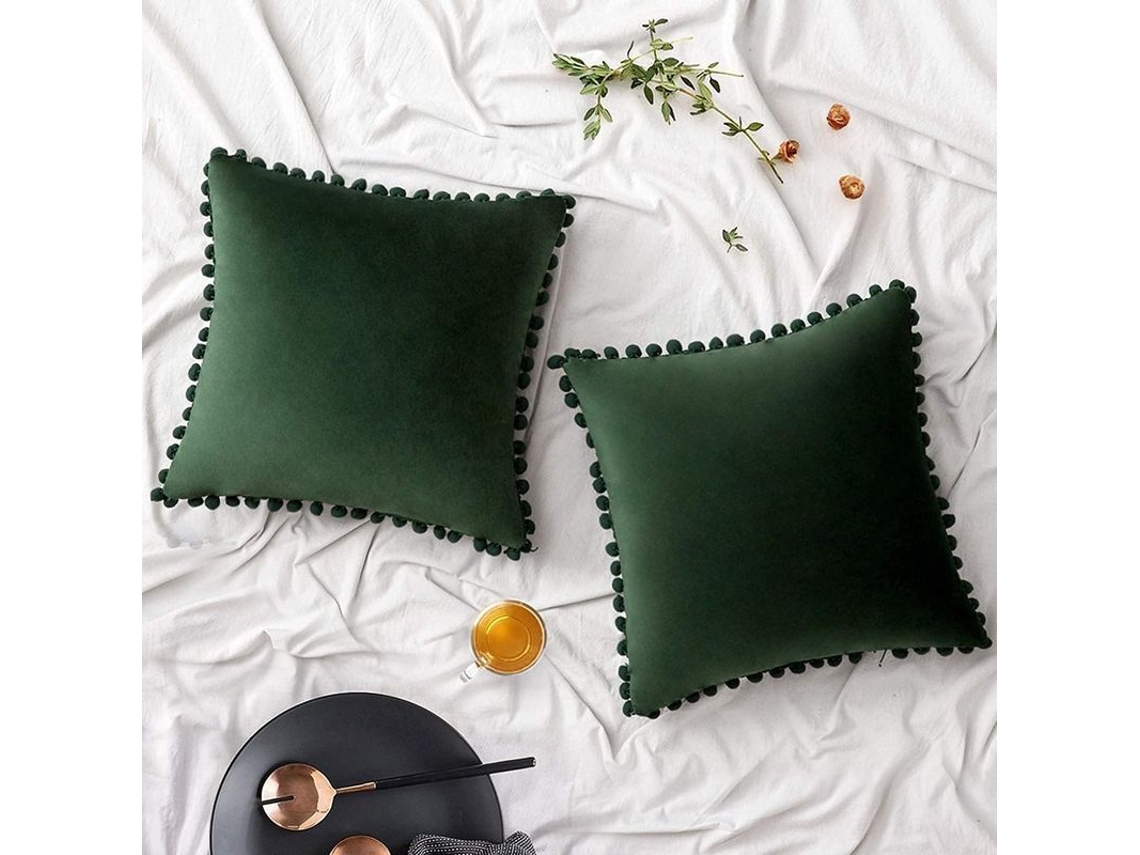 Rebe-fundas De Almohada De Terciopelo Con Pompones Verdes Oscuros 45x45cm Pack De 2 Decoración Navideña Sofá Coche