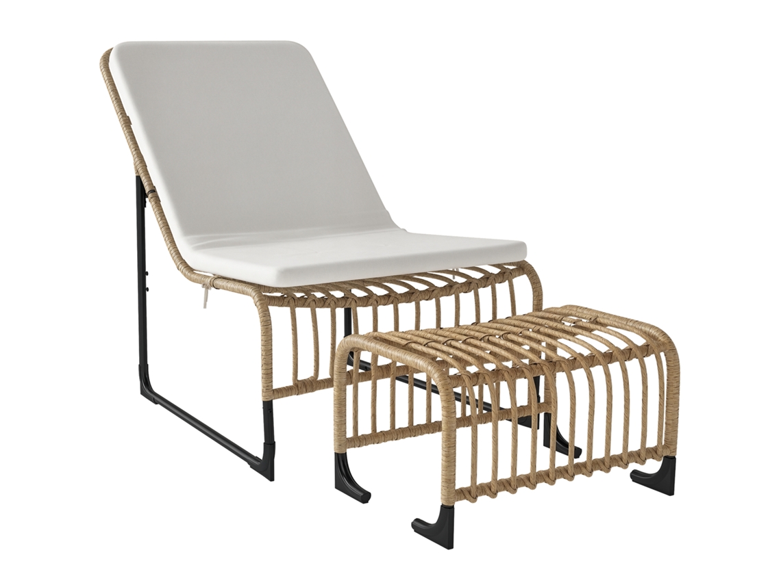 Poltrona Externa com Apoio para os Pés. Almofada Acolchoada e Estrutura de Aço com Rattan Sintético Durável 93x65x80 Cm Bege Ge