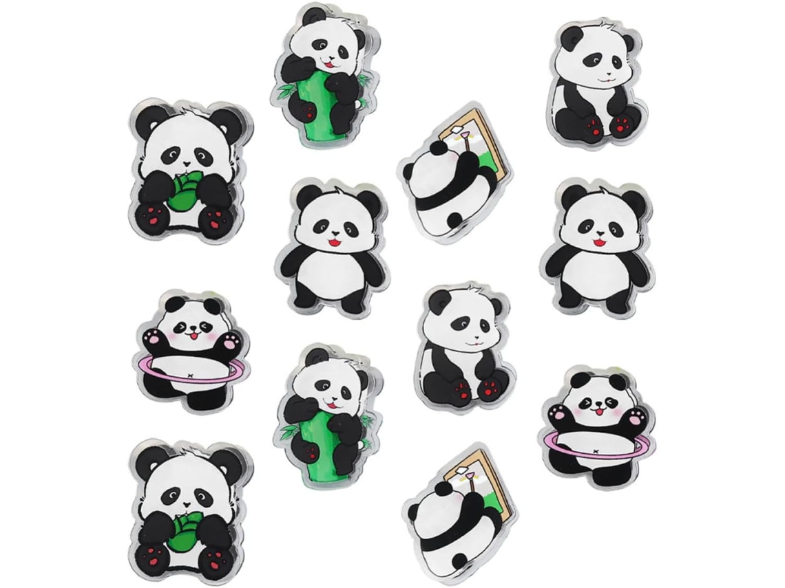 Conjunto Kallory com 12 prendedores de mesa com estampa de panda, prendedores de acrílico resistentes para bolsas e organização.